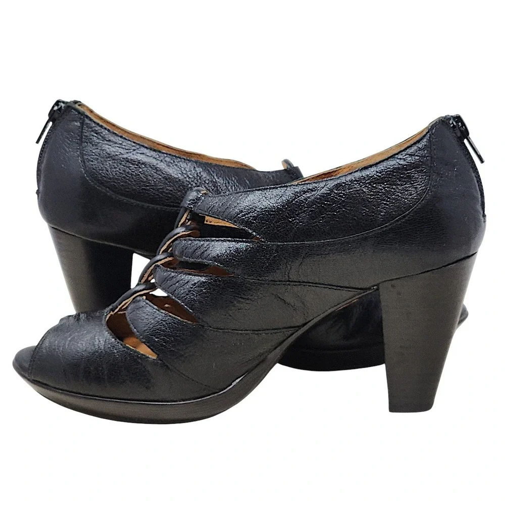 Indigo Clarks Heels 8M Wom Pumps Black Leather Strappy Peep Toe Retro Whimsigoth